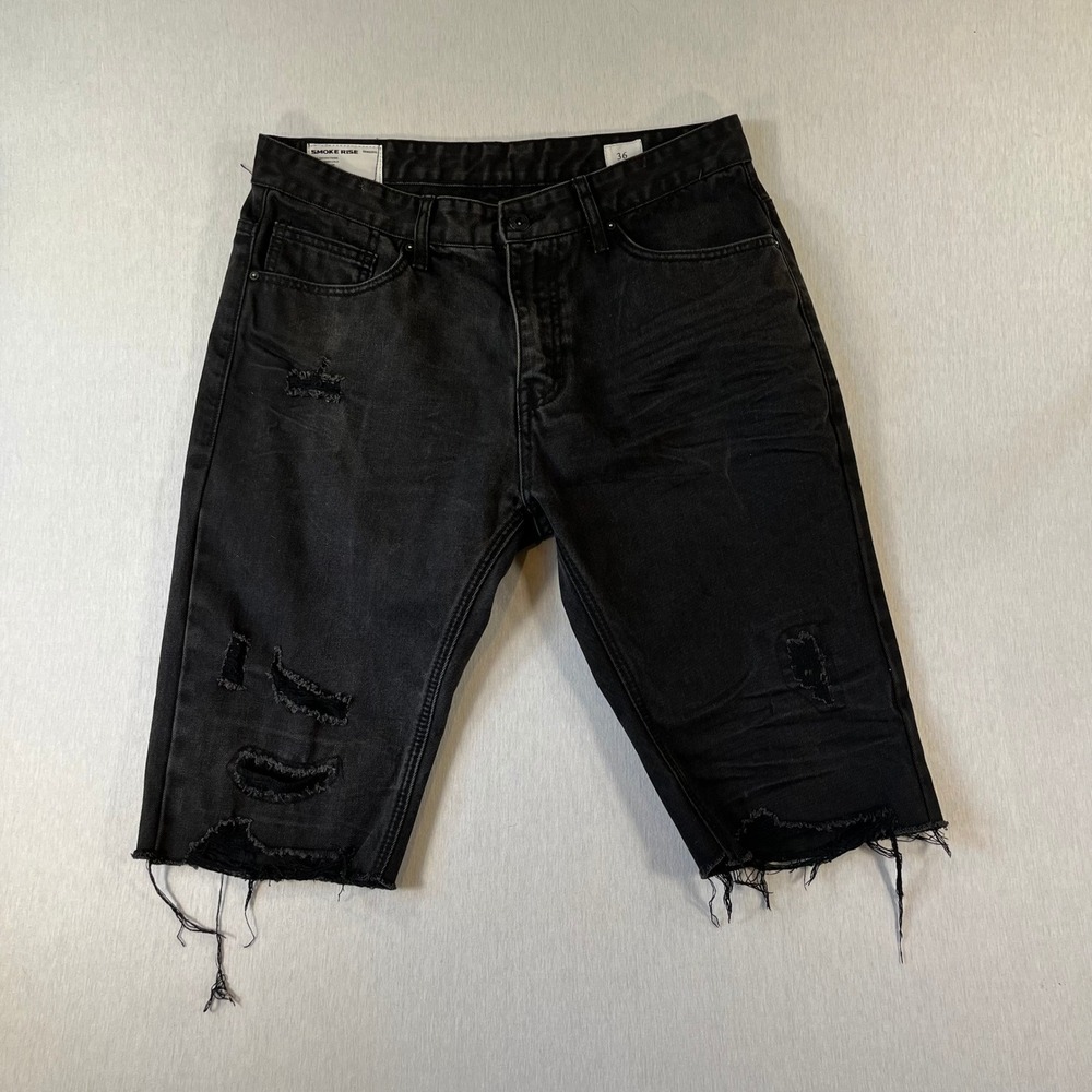 Smoke Rise Denim Shorts Mens 36 Black Distressed Raw Hem 13" Inseam Grunge Skate